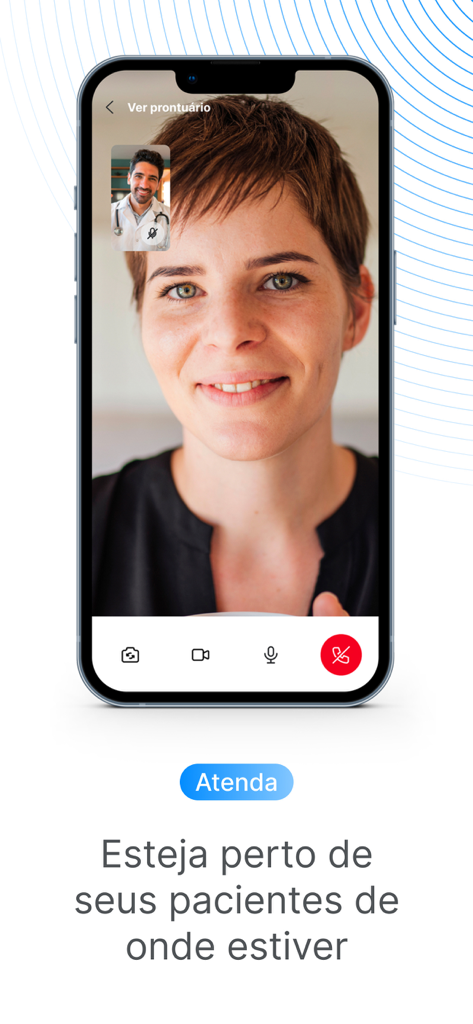 Amigo One - A smartphone displaying a telehealth video call between a doctor and a patient using the Amigo One app