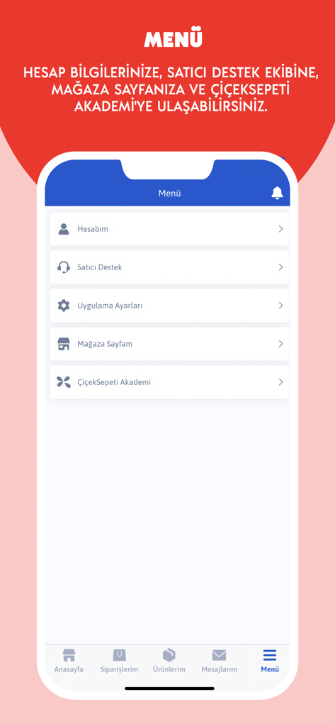 Çiçeksepeti Satıcı Paneli - The menu screen of the Ciceksepeti Seller Panel app showing navigation options for account, support, settings, and academy.