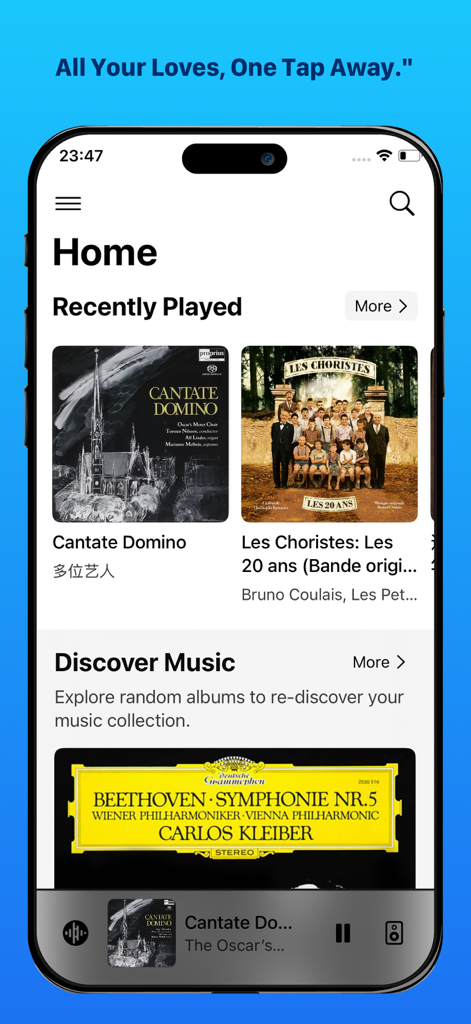 xTune - Lyrion Remote & Player - xTune app home screen showing recently played audiophile albums and a music discovery section