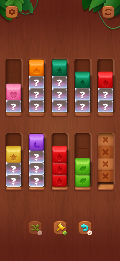 Wooden of Wonders: Blocksort - Gameplay of Wooden of Wonders showing colorful wooden blocks with various symbols being sorted into vertical slots.