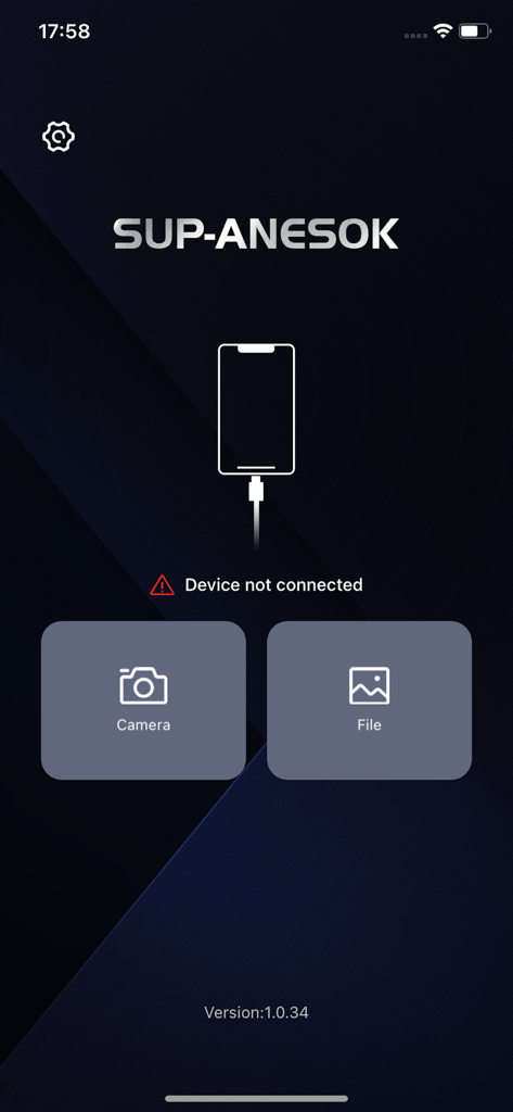 Sup-Anesok - Sup-Anesok app home screen showing device connection status with camera and file management buttons