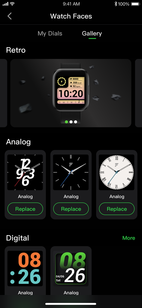 Letsfit - Letsfit app interface displaying a gallery of customizable retro, analog, and digital watch faces for smartwatches.