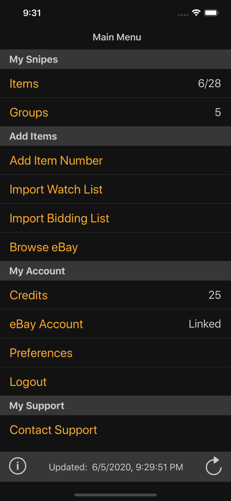 Menú principal de la aplicación Myibidder Auction Bid Sniper mostrando opciones para pujas automáticas y créditos de cuenta
