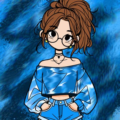 girl with a messy ponytail glasses a baggy crop top and jean shorts