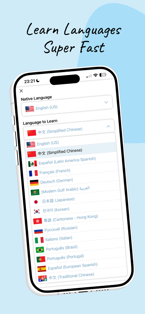 TalkHere - Language Learning - Language selection interface in the TalkHere app showing various flags and language options like Spanish French and Chinese