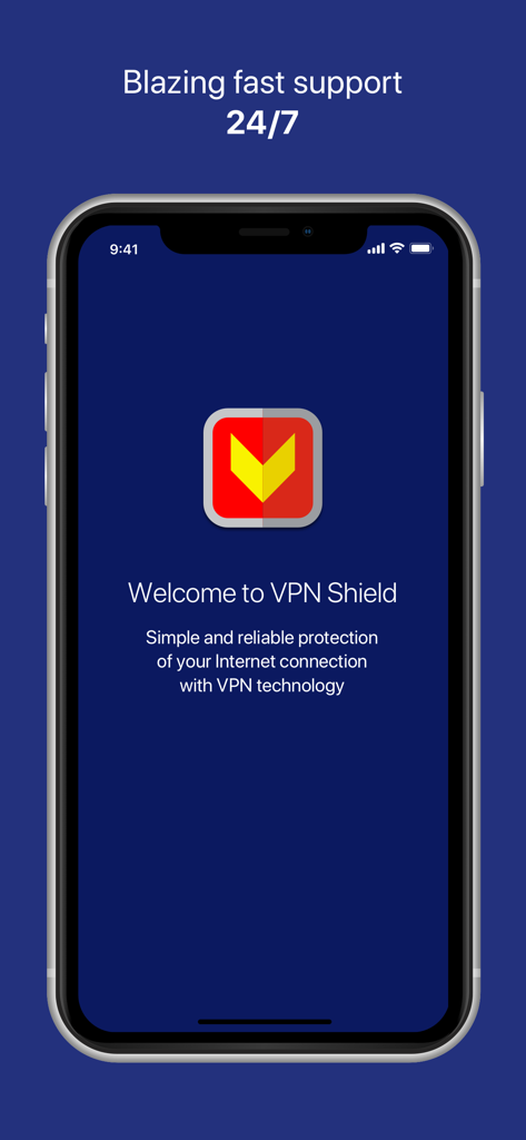 Welcome screen of VPN Shield Professional app on an iPhone highlighting 24/7 customer support.
