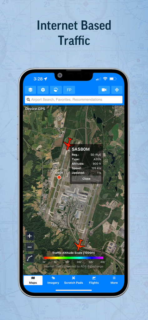 Aviator Assistant: Weather EFB - Aviator Assistant interface showing real-time internet based air traffic and flight details on a satellite map view.