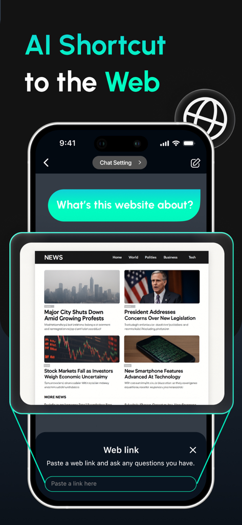 YouCam AI Chat: Pro Chatbot - YouCam AI Chatアプリのインターフェースに、リンクを貼り付けて記事を要約するためのAIショートカット・トゥ・ザ・ウェブ機能が表示されています