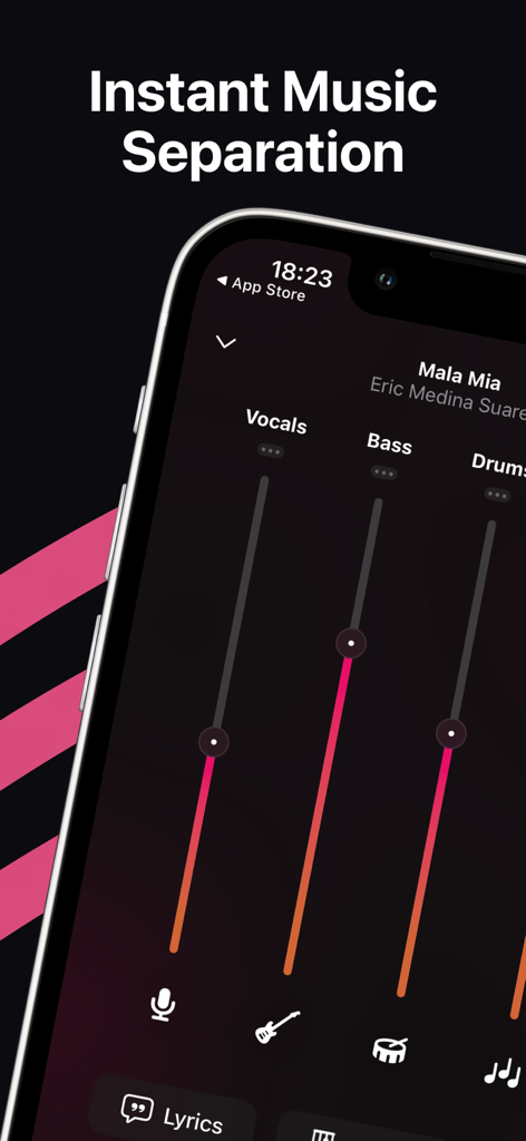 Stemz: remover vocal audio pro - Stemz App-Oberfläche, die sofortige Musiktrennung mit Schiebereglern für Gesang, Bass und Schlagzeug zeigt.