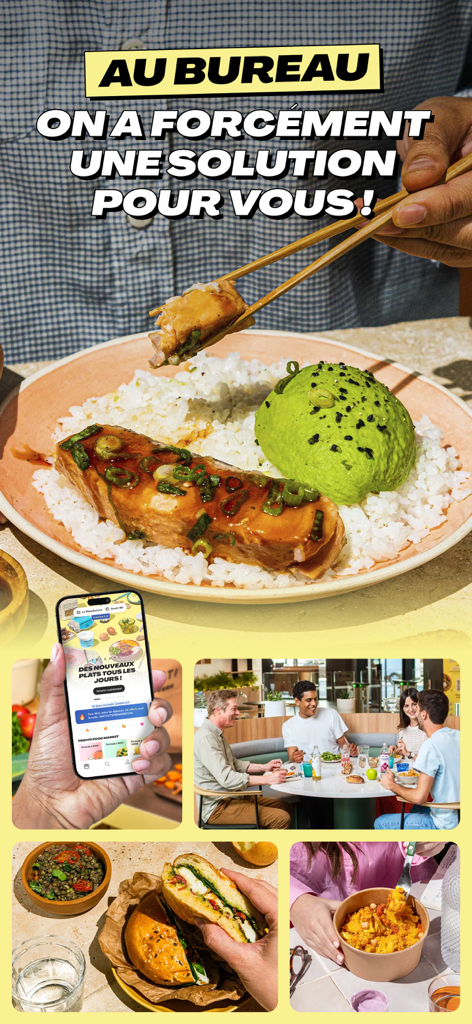 Frichti : Plats maison & apéro - Un collage montrant des repas préparés par des chefs et des personnes déjeunant au bureau en utilisant l'application Frichti.