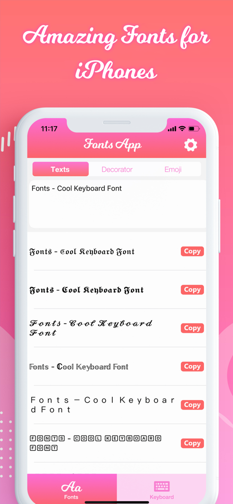 A preview of various aesthetic font styles within the Fonts App for iPhone customization