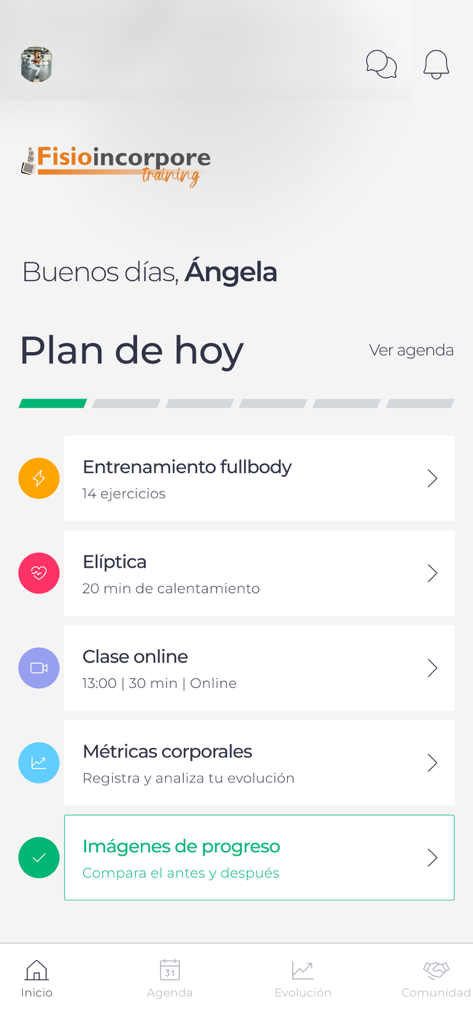 Fisioincorpore Training - Fisioincorpore Training mobile app dashboard showing a personalized daily fitness and health plan