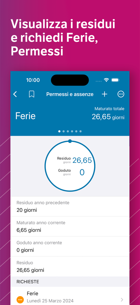 TeamSystem HR - Interfaccia dell'app mobile TeamSystem HR che mostra il saldo ferie del dipendente e le richieste di assenza
