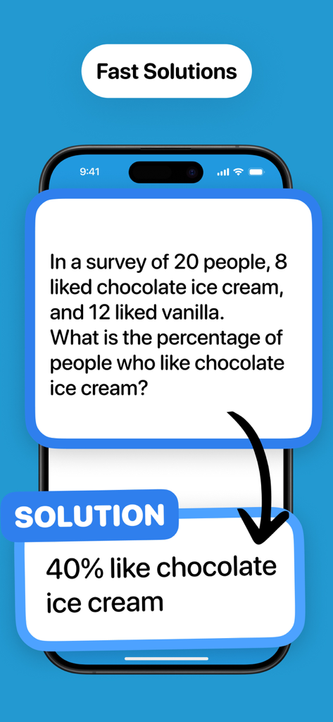 Statistics AI: Homework Solver - Statistics AI app interface showing a fast solution to a survey percentage word problem.