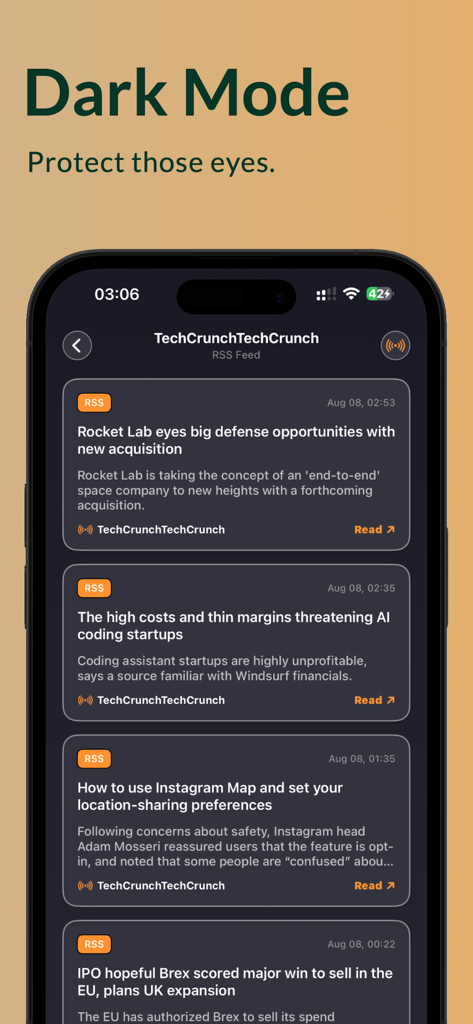 Briefly - RSS reader and news - Briefly RSS reader app displaying a tech news feed in dark mode interface.