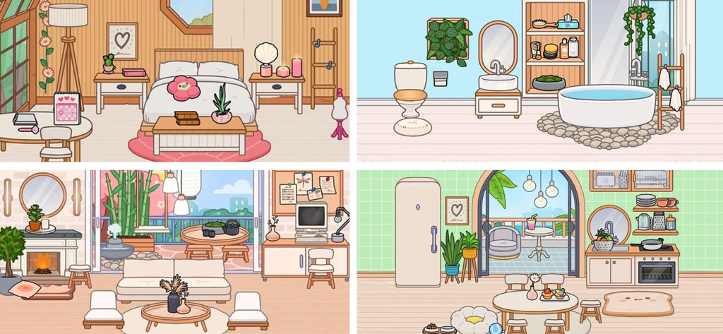 Eine Collage von vier gemütlichen Raumdesigns mit einem Schlafzimmer, Badezimmer, Wohnbereich und einer Küche im digitalen Puppenhausstil