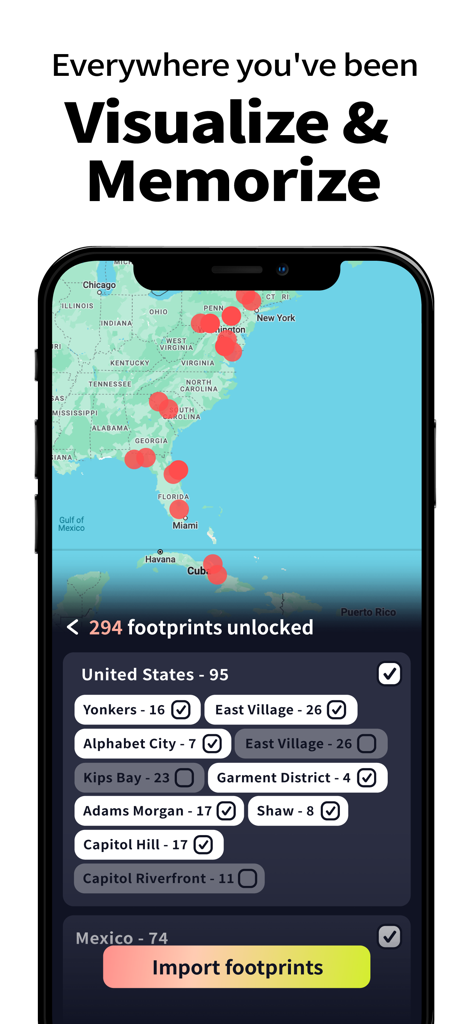 MixerBox BFF app screen displaying a map with red footprints marking visited locations and a list of unlocked neighborhood tags