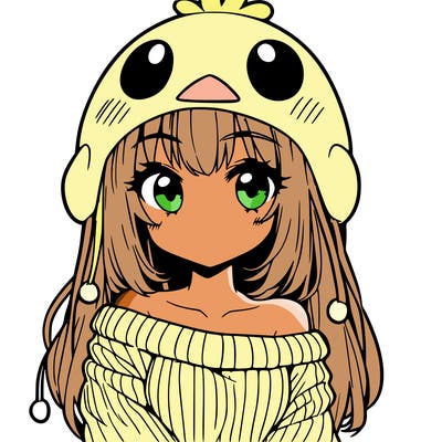 anime girl with chick shaped hat with sweater with bare shoulders with bangs covering them one eye with low tail