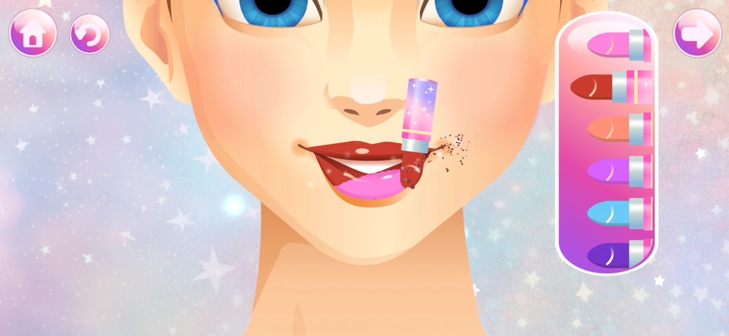 Makeup Games: Beauty Princess - Applying red lipstick to a cartoon princess in a kids beauty salon game