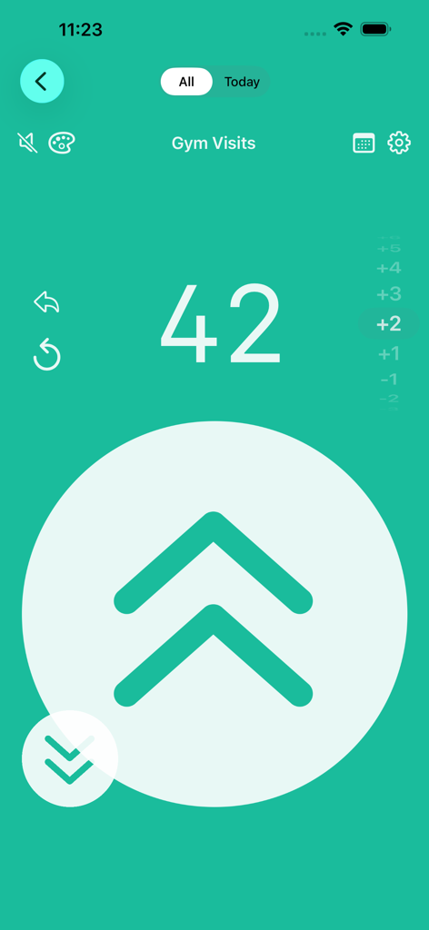 A minimalist tally counter app interface tracking gym visits with a total count of forty-two on a teal background.