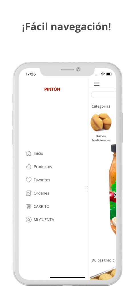 Menú de navegación lateral de la aplicación móvil PINTON mostrando opciones de productos, favoritos y cuenta en español