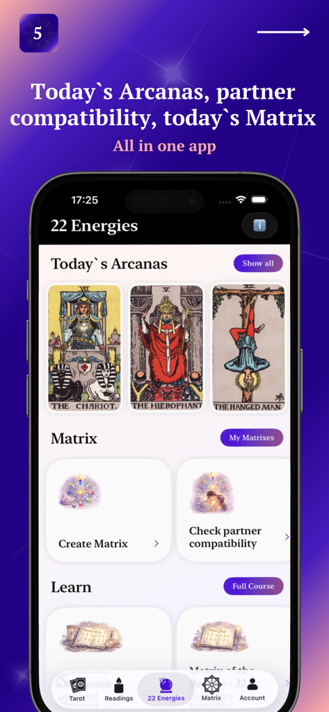 Main dashboard of the 22 Energies app showing daily tarot arcanas and destiny matrix calculation options
