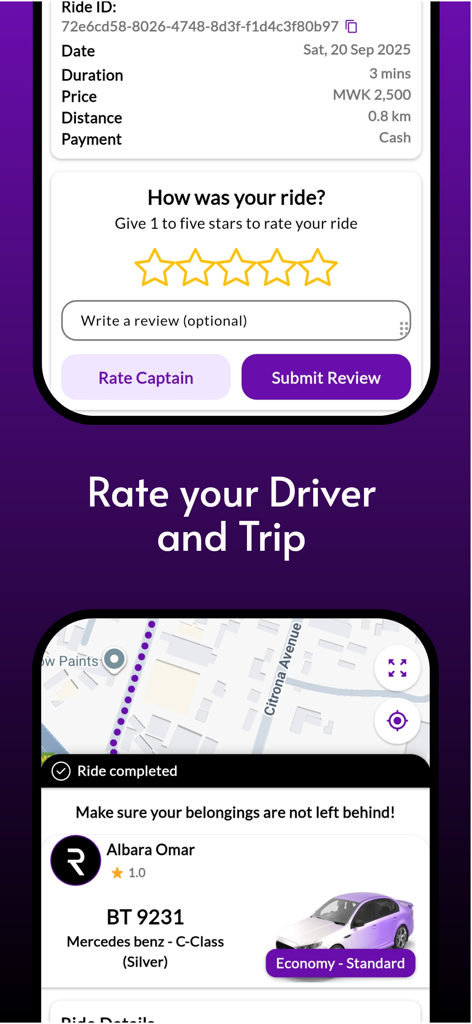 Rydz - Request a ride - Rydz mobile app interface for rating a completed ride and viewing trip details including cash payment