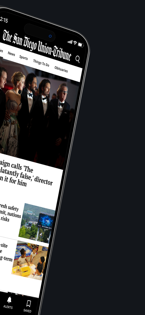 Interface of The San Diego Union-Tribune mobile app showing news articles and navigation categories