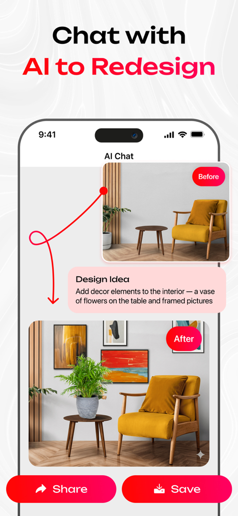 MY Home AI: Interior Design - Una interfaz de la aplicación MY Home AI que muestra una función de chat de IA para rediseño de habitaciones con una comparación de antes y después de un espacio habitable.