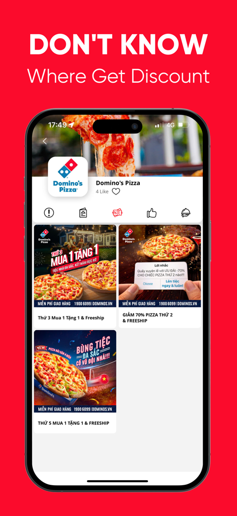 Pingo - Pingo app interface showing Domino's Pizza promotions and dining discounts