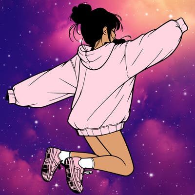 realistic girl jumping with a bun and oversized sweatshirt