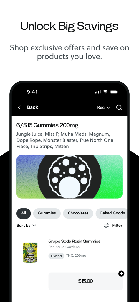 JARS Cannabis - JARS Cannabis app screen displaying exclusive offers and a product listing for grape soda rosin gummies.