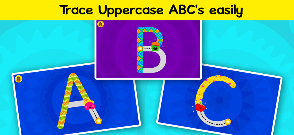 Interfaz mostrando a un niño pequeño trazando las letras mayúsculas A B y C