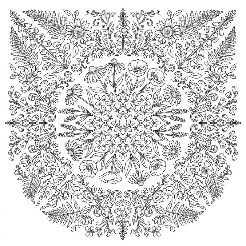 Dive into the serene beauty of nature with this exquisite wildflower mandala coloring page. Its intricate design, featuring a harmonious mix of flowers and foliage, offers a delightful escape for all skill levels.