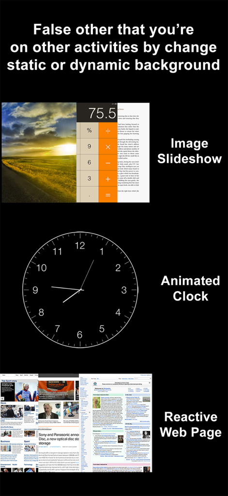 SP Camera - Interfaz de la aplicación SP Camera que muestra opciones de fondo falso como un reloj animado y un navegador web para grabación oculta.