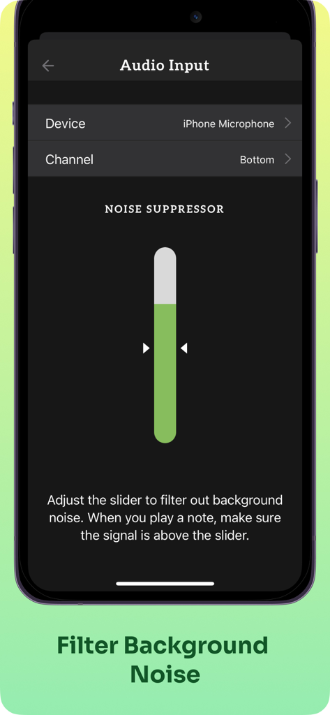 Fret Pro Guitar Notes Trainer - The Fret Pro app audio input settings screen showing a noise suppressor slider to filter background noise during guitar practice.