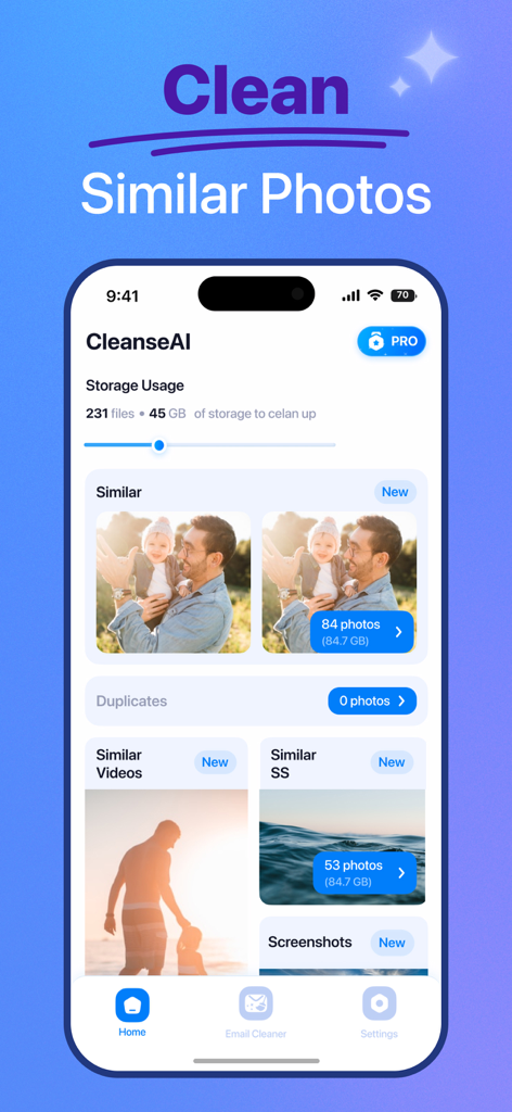 Cleanse AI－Phone, Mail Cleaner - Interfaz de la aplicación Cleanse AI que muestra el uso del almacenamiento y herramientas para limpiar fotos y vídeos similares