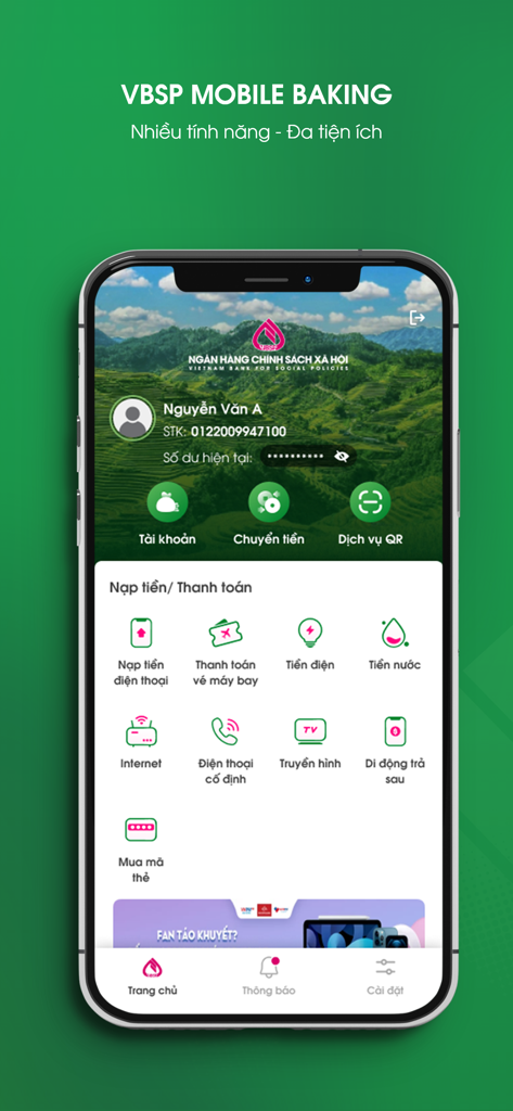 Painel do aplicativo VBSP SmartBanking exibindo serviços financeiros como transferências de dinheiro e pagamentos de contas com um fundo de paisagem rural do Vietnã