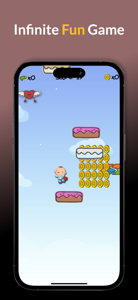 DailyGift - Play and Earn - A screenshot of a casual mobile game in the DailyGift app showing a cartoon character jumping on cake platforms to collect coins.