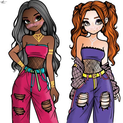 2 girls in crop tops and baggy jeans ripped