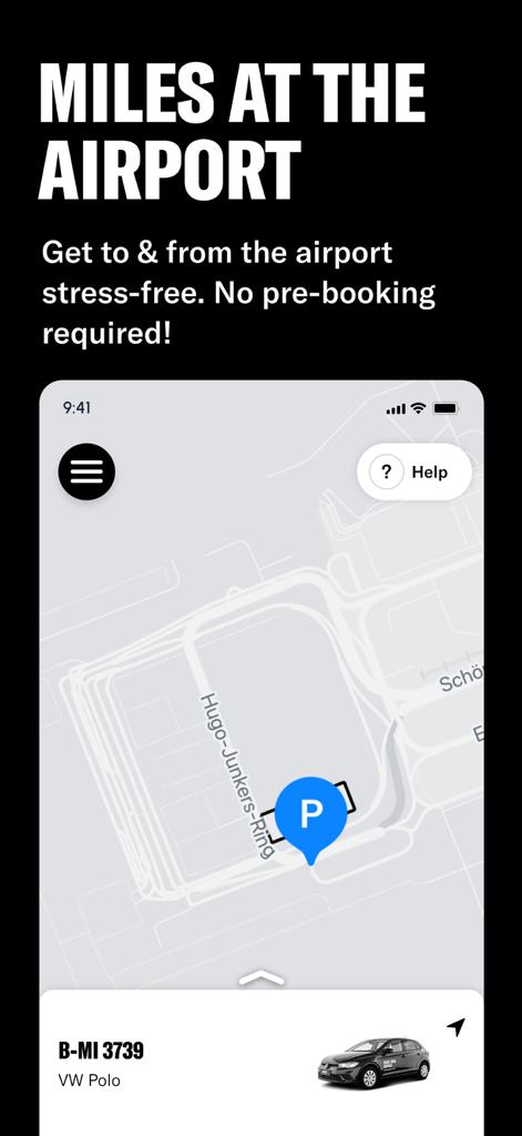 MILES app screenshot showing car sharing options and parking locations at an airport