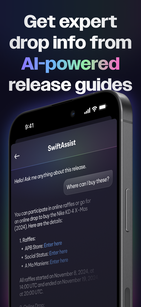 SwiftSole - Sneaker Releases - SwiftSole app AI sneaker release assistant showing drop information and raffle links