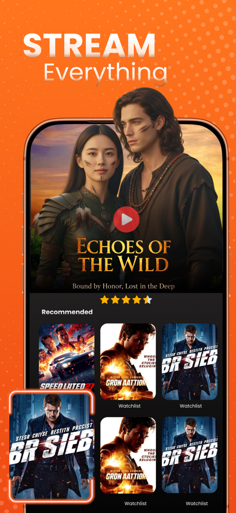 Magic TV - TV Shows And Movies - Interfaz de la aplicación móvil Magic TV con pósteres de películas y una sección de contenido recomendado.