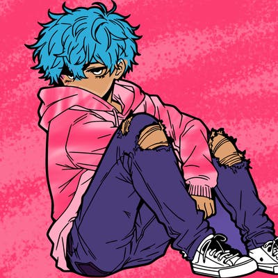 a male hoddie ripped jeans messy hair anime