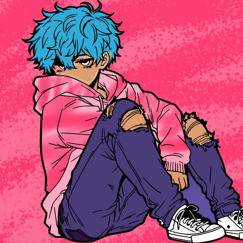 a male hoddie ripped jeans messy hair anime