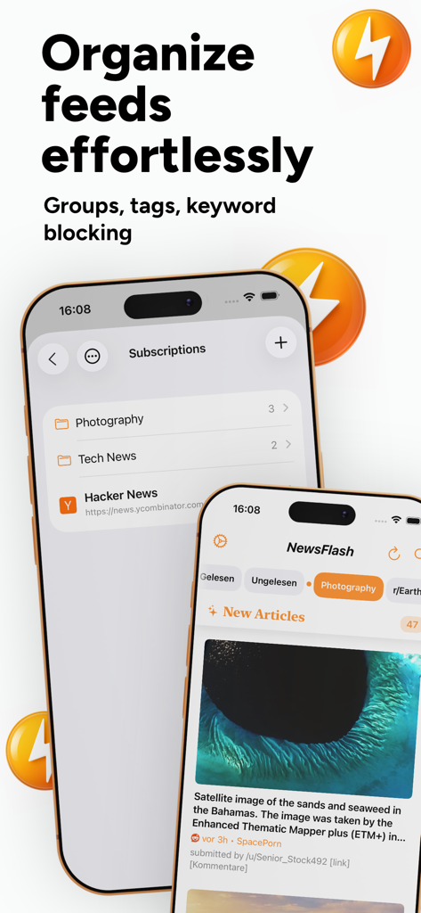 Aplicativo NewsFlash RSS no iPhone exibindo organização de feeds com pastas personalizadas para notícias de fotografia e tecnologia.