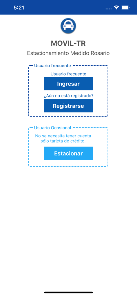 Movil-TR - Movil-TR app home screen showing login and registration options for metered parking in Rosario