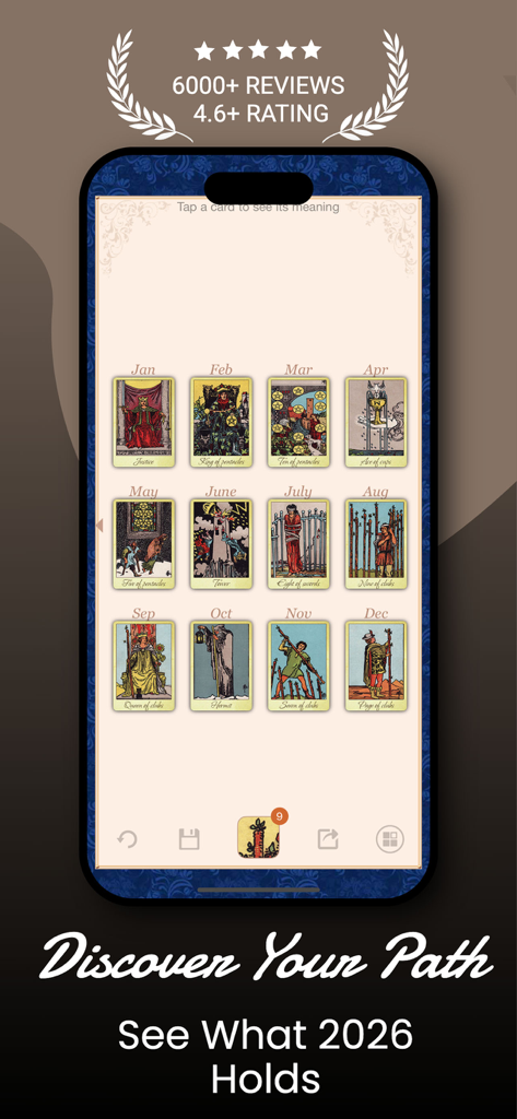 Tarot Universe - Card Reading - Mobile screen showing a yearly tarot card spread with one card assigned to each month of the year.