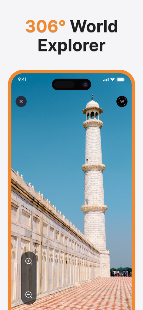 Street Map Live 3D Camera View - App interface showing a 3D view of a famous landmark with a compass and zoom controls