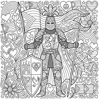 Discover a unique coloring page featuring a valiant High Medieval Knight adorned with symbols of Pride Month. Celebrate love and diversity as you bring this majestic warrior and his message of unity to life.